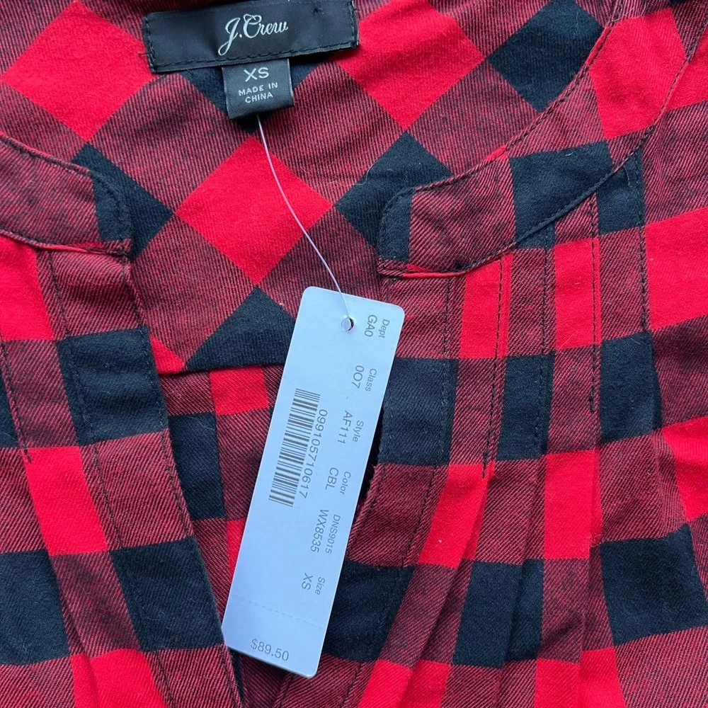 NWT J. Crew Red Black‎ Buffalo Plaid Cotton Popover Tunic Blouse XS Cabincore